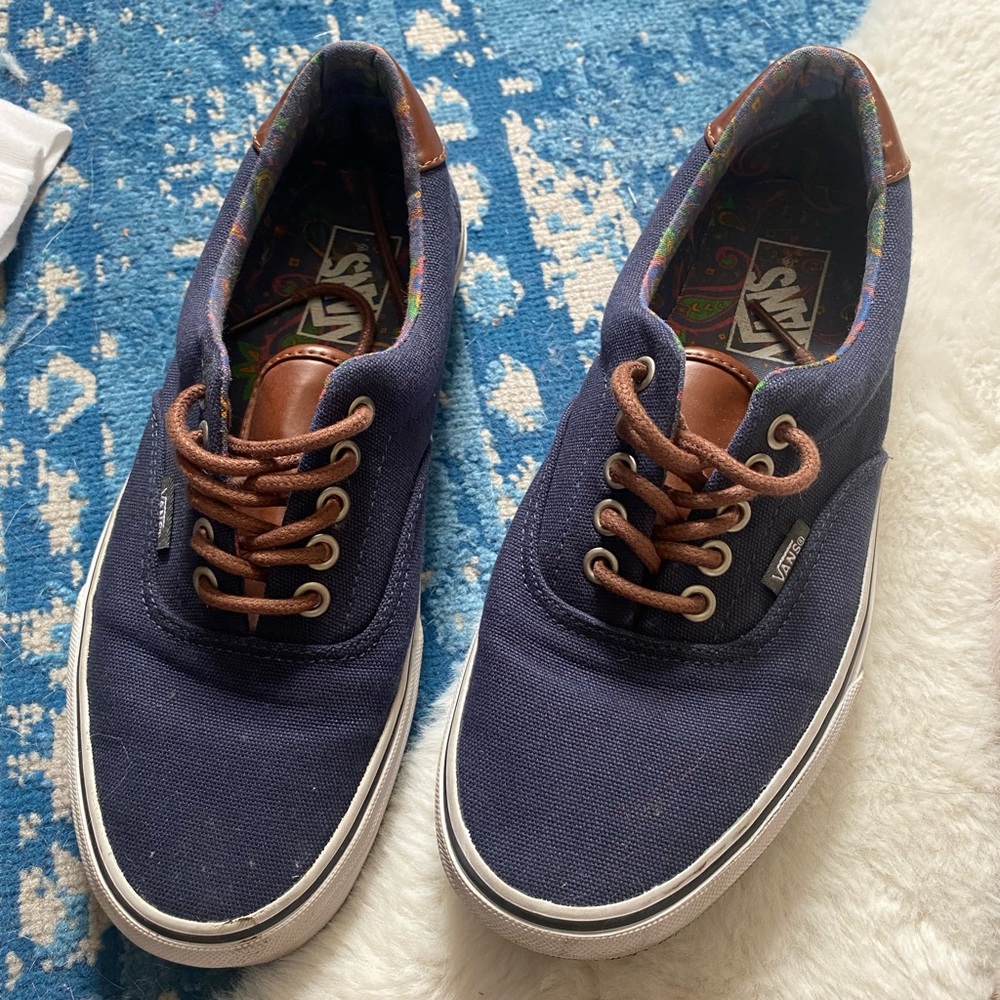 Navy Vans with Brown Leather and Paisley